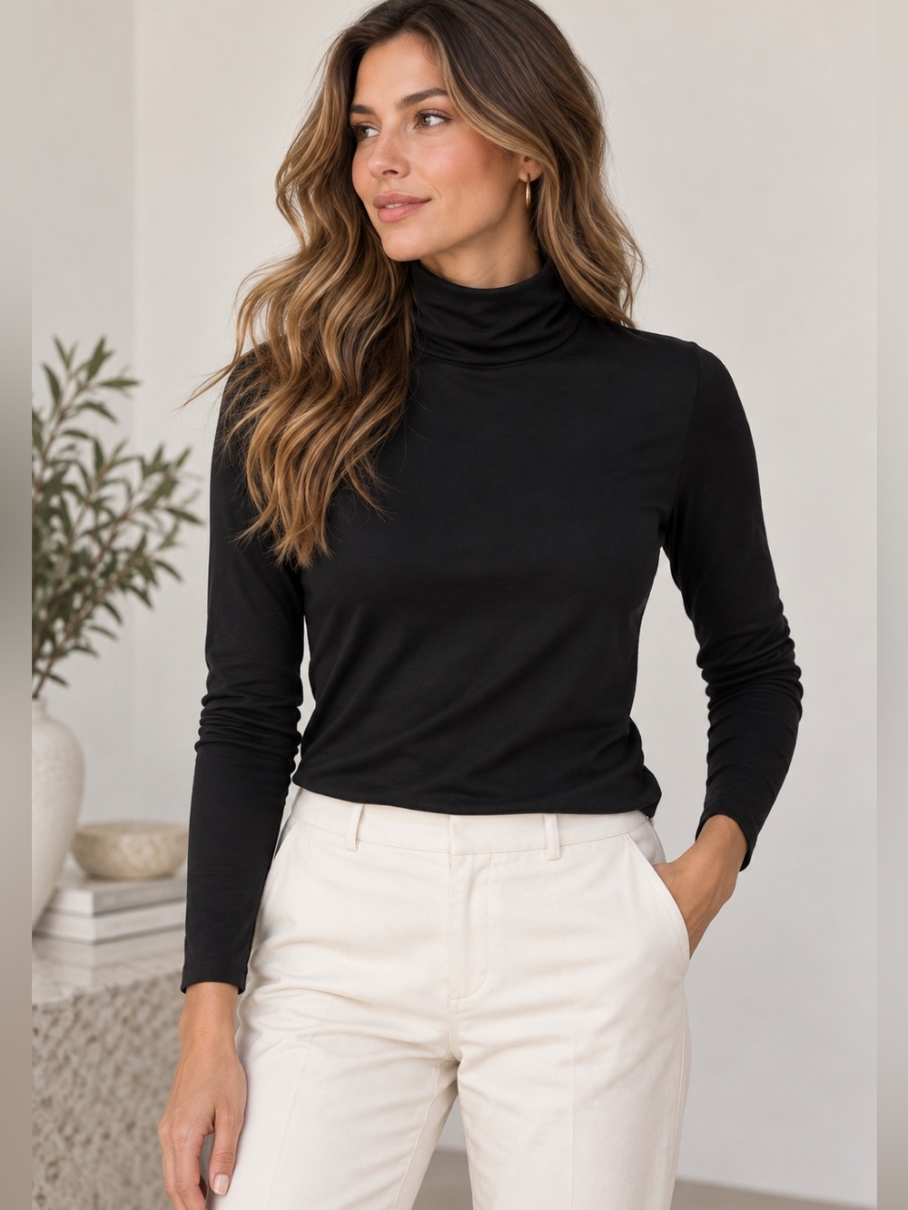 Peruvian Connection Black Pima Cotton Turtleneck Long Sleeve Top L